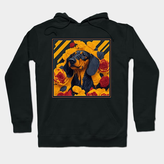 Dogs, dachshund and flowers, dog, style vector (yellow version 2 dachshund) Hoodie by xlhombat